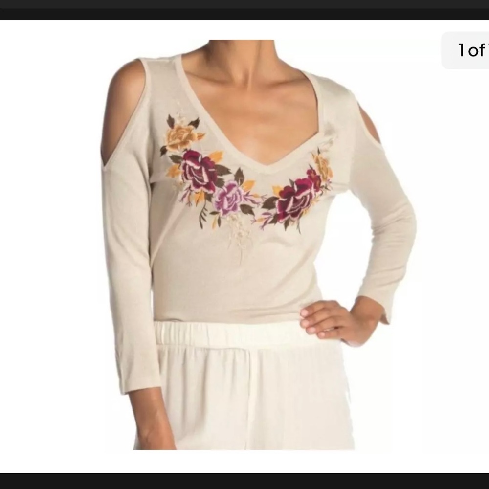 Johnny Was Tan V Neck Sweater With Gorgeous Embroidery! NWT!